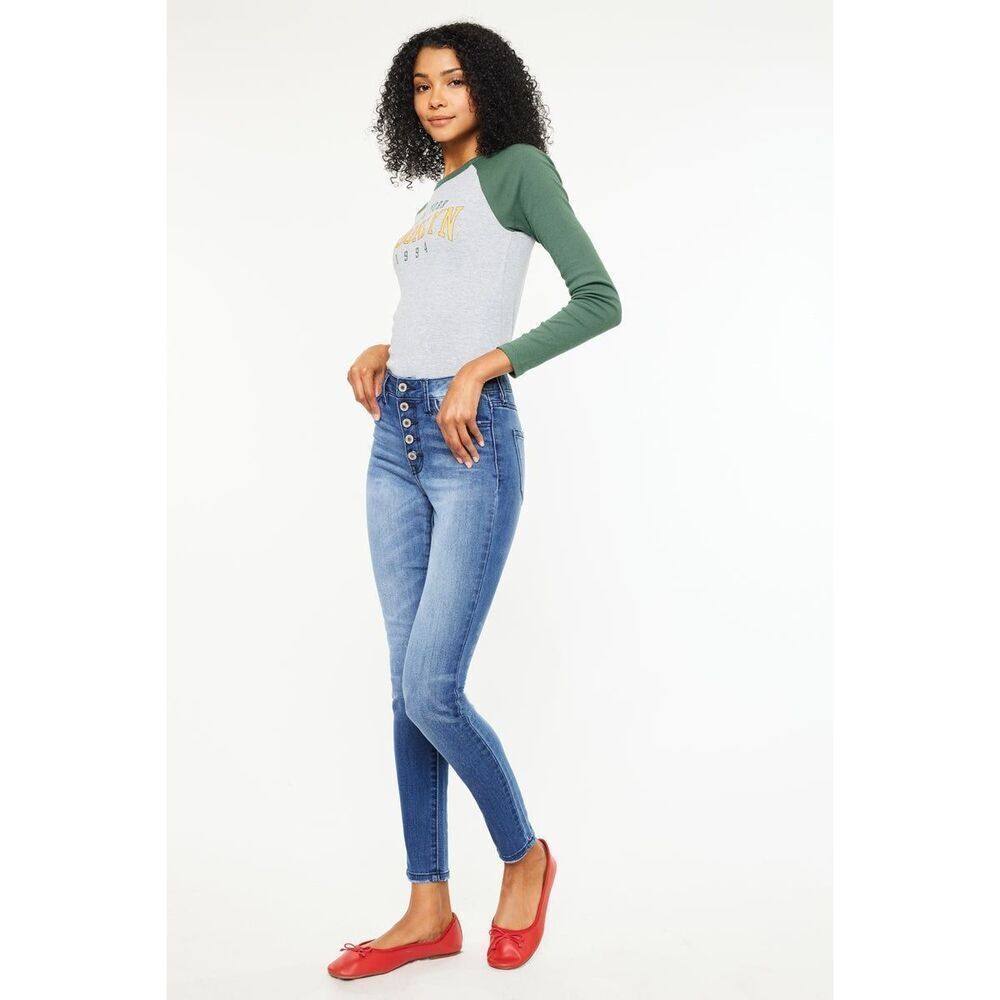 KANCAN Women's Light Blue Wash Lyla High Rise Button Front Super Skinny Jeans Si